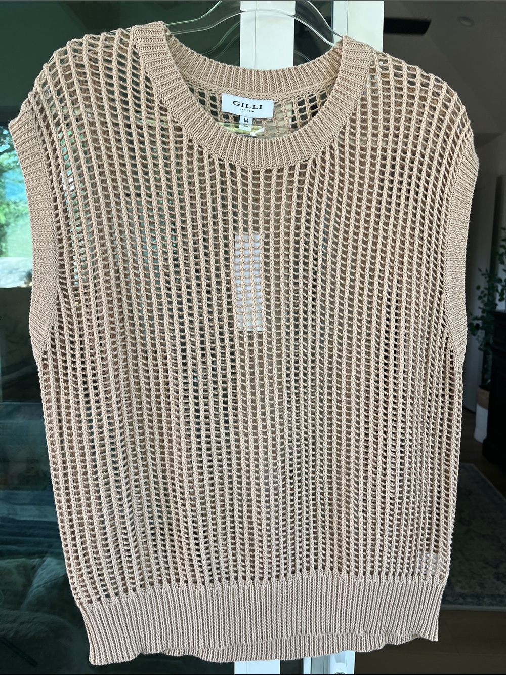 Gilli Top Medium Beige Open-Knit Sleeveless Sweater Vest 100% Cotton NWT